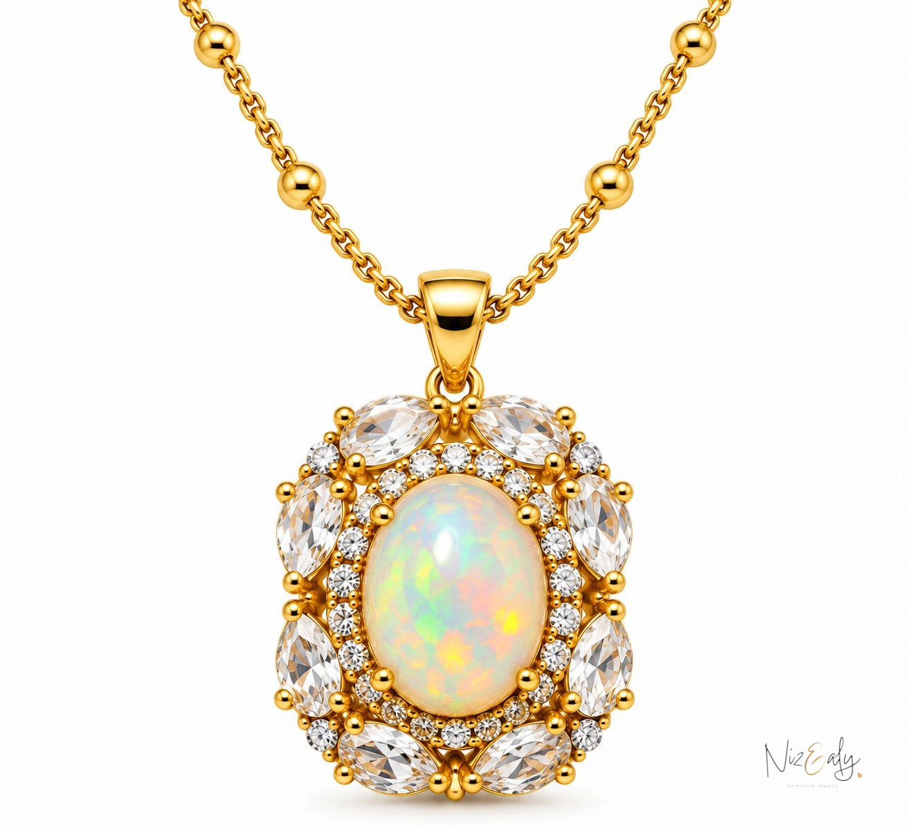 Niz & Aly gold pendant necklace featuring a central oval opal surrounded by marquise clear quartz and small diamonds.