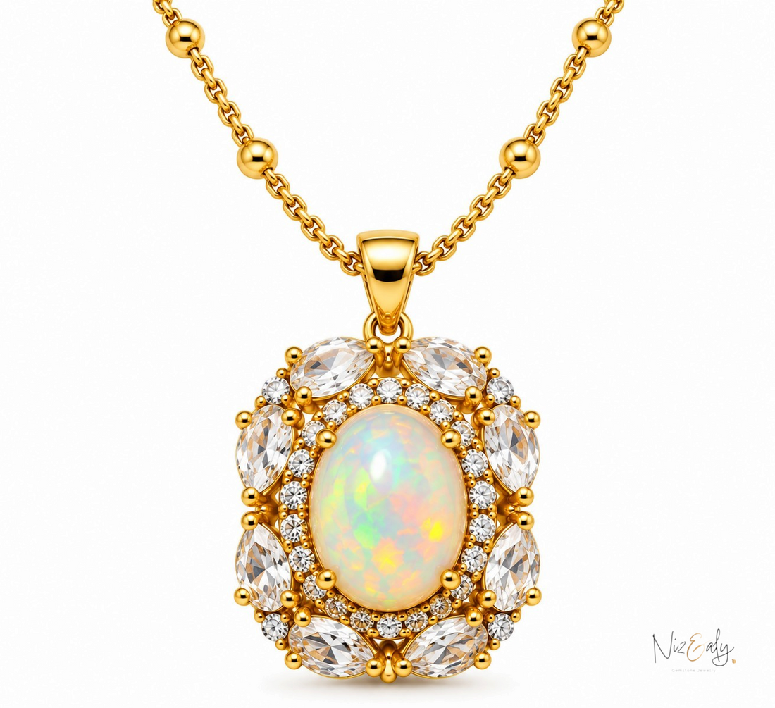 Niz & Aly gold pendant necklace featuring a central oval opal surrounded by marquise clear quartz and small diamonds.