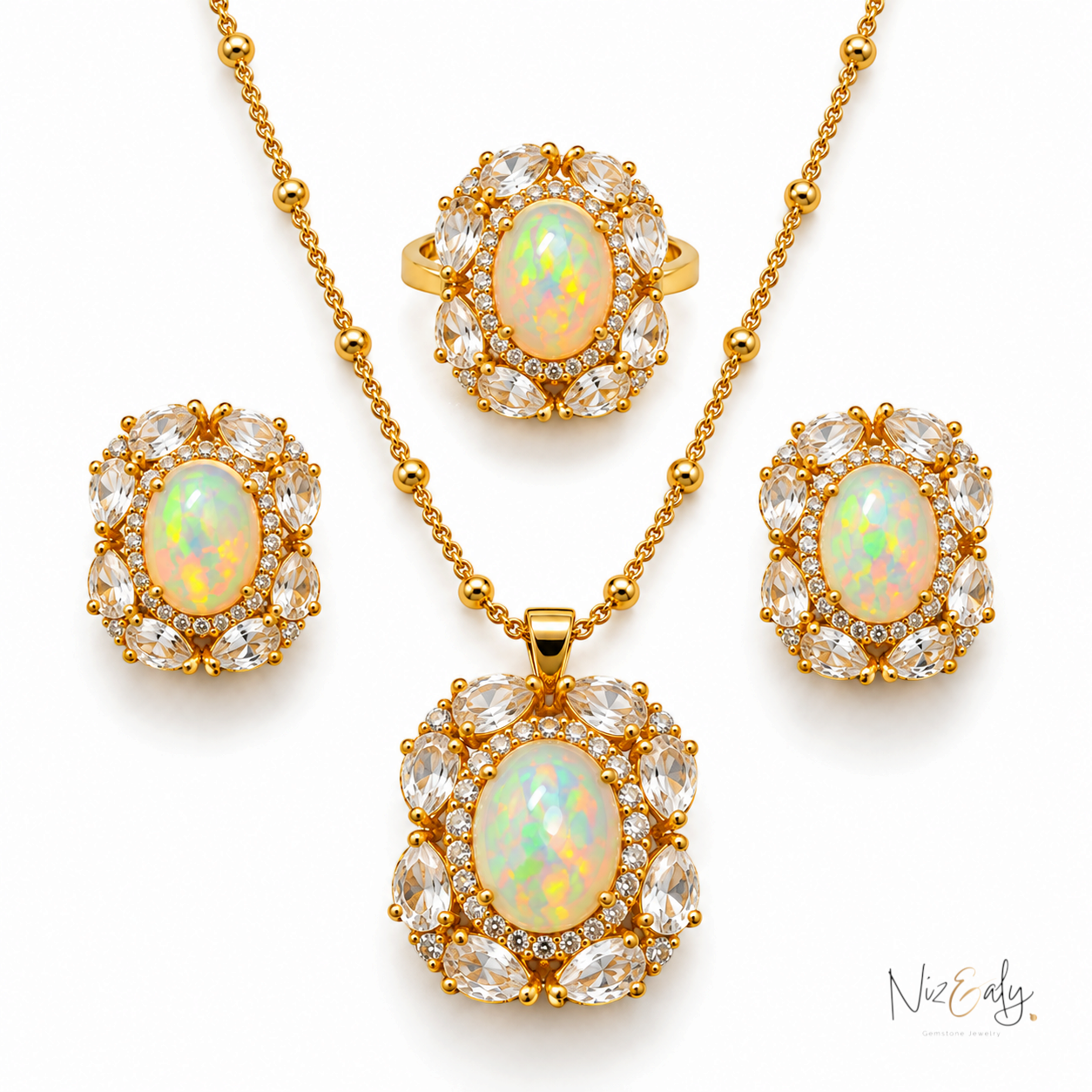 Niz & Aly jewelry set featuring oval opals surrounded by clear quartz and diamonds in gold settings