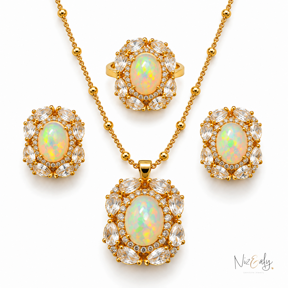 Niz & Aly jewelry set featuring oval opals surrounded by clear quartz and diamonds in gold settings