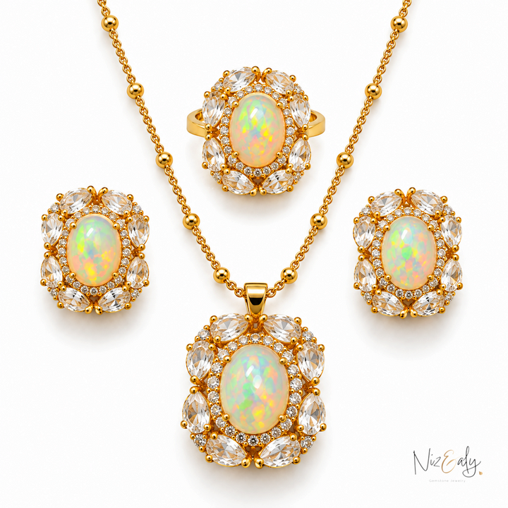 Niz & Aly jewelry set featuring oval opals surrounded by clear quartz and diamonds in gold settings