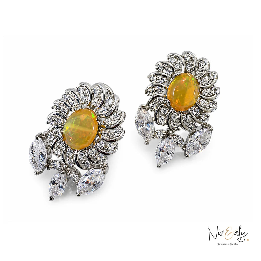 Niz & Aly opal and clear quartz flower stud earrings with sparkling crystal accents in a luxury silver setting.