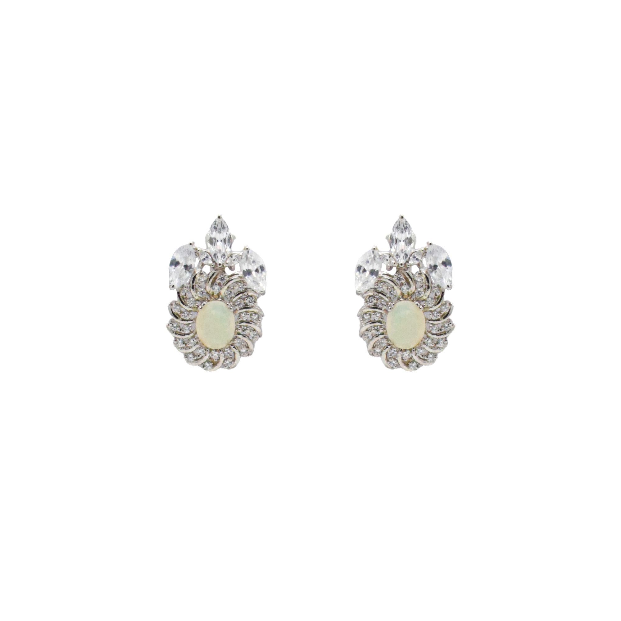 Niz & Aly natural opal and clear quartz crystal stud earrings featuring a floral-inspired design on a white background.