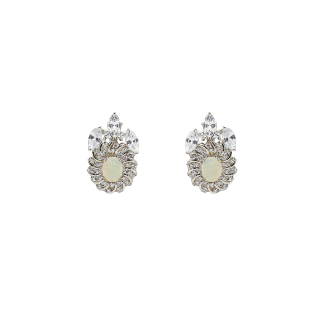 Niz & Aly natural opal and clear quartz crystal stud earrings featuring a floral-inspired design on a white background.