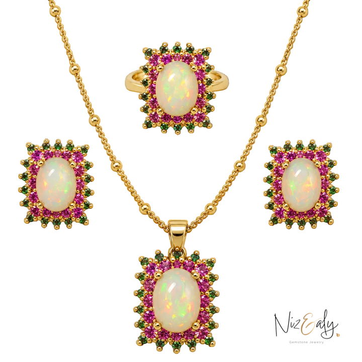 Niz & Aly jewelry set featuring opal cabochons with pink ruby and green emerald halos in a gold-tone finish.