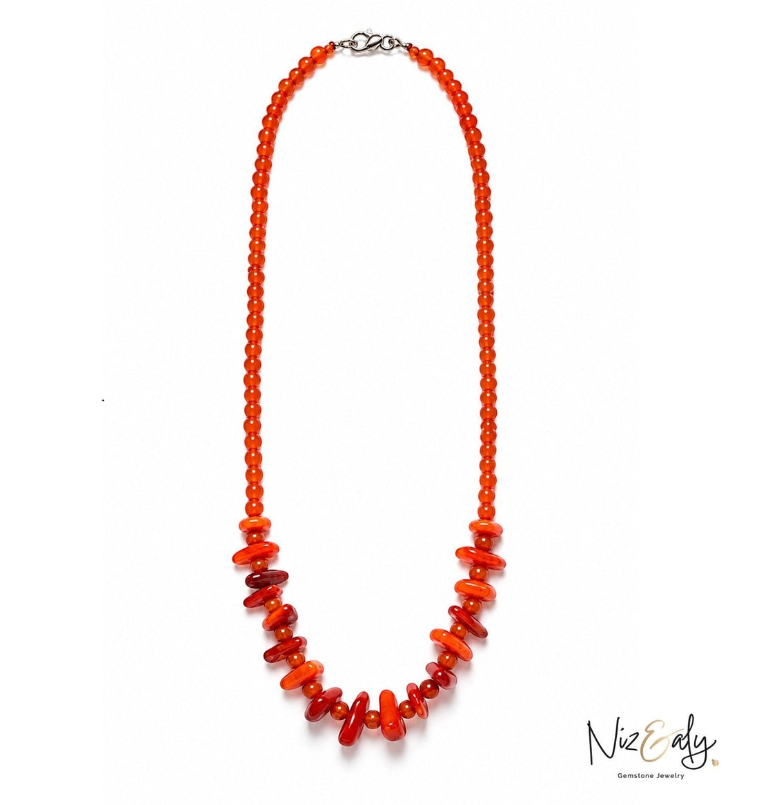 Niz & Aly orange gemstone bead necklace featuring a mix of round and irregular shaped natural stones on a white background