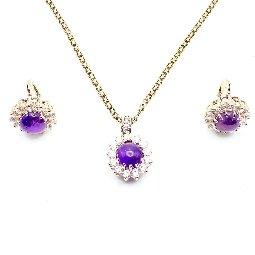 Niz & Aly oval cabochon amethyst jewelry set with purple gemstones, halo crystal accents, and gold-tone chain.