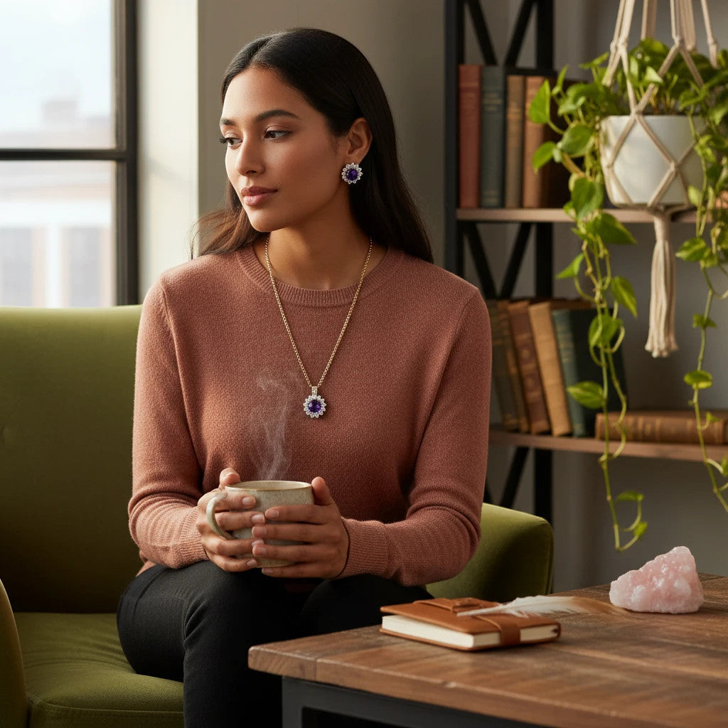 Niz & Aly oval cabochon amethyst pendant and earring set worn by a woman in a cozy living room setting.