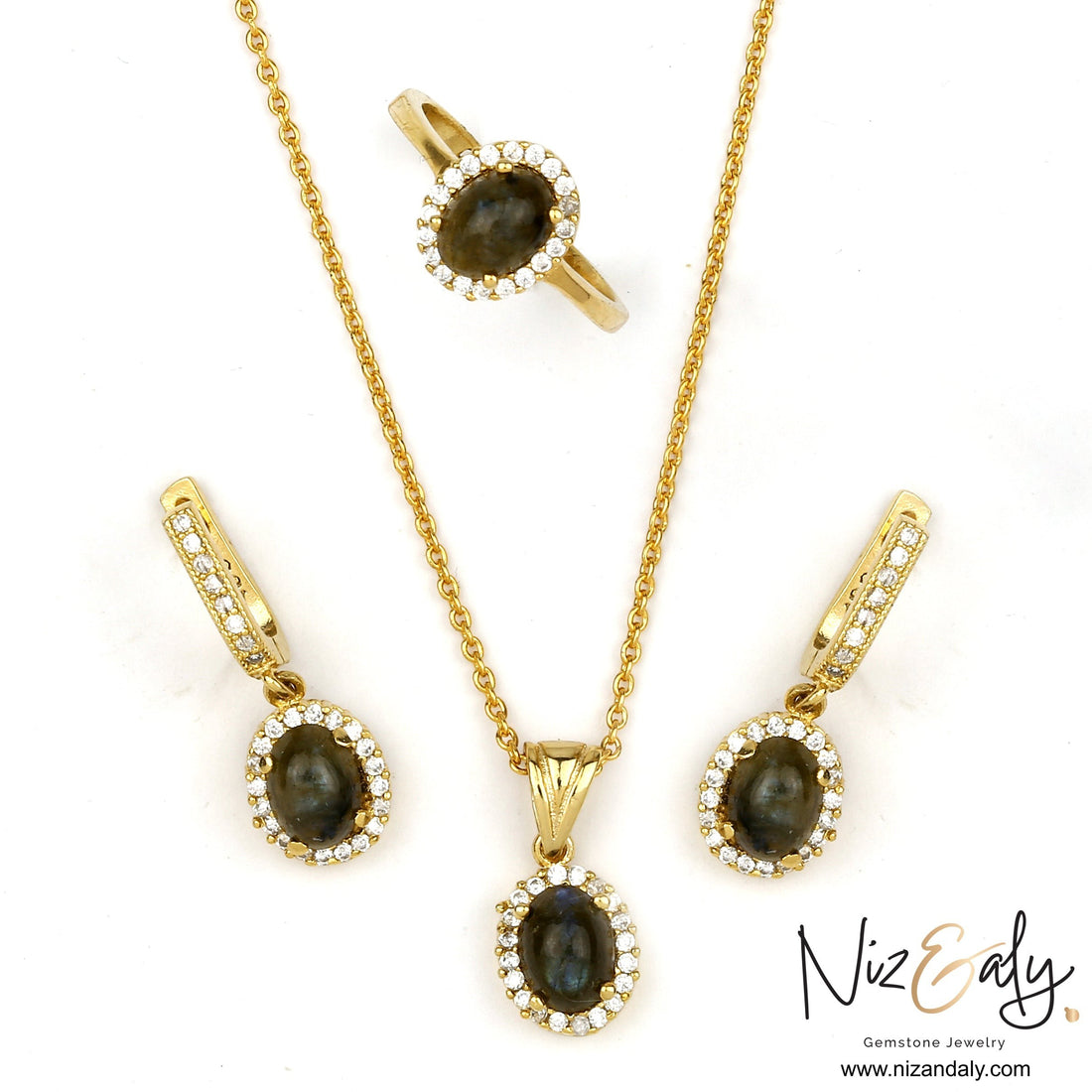 Niz & Aly dainty oval fire labradorite pendant, earrings, and ring set in gold-plated 925 silver with halo crystals.