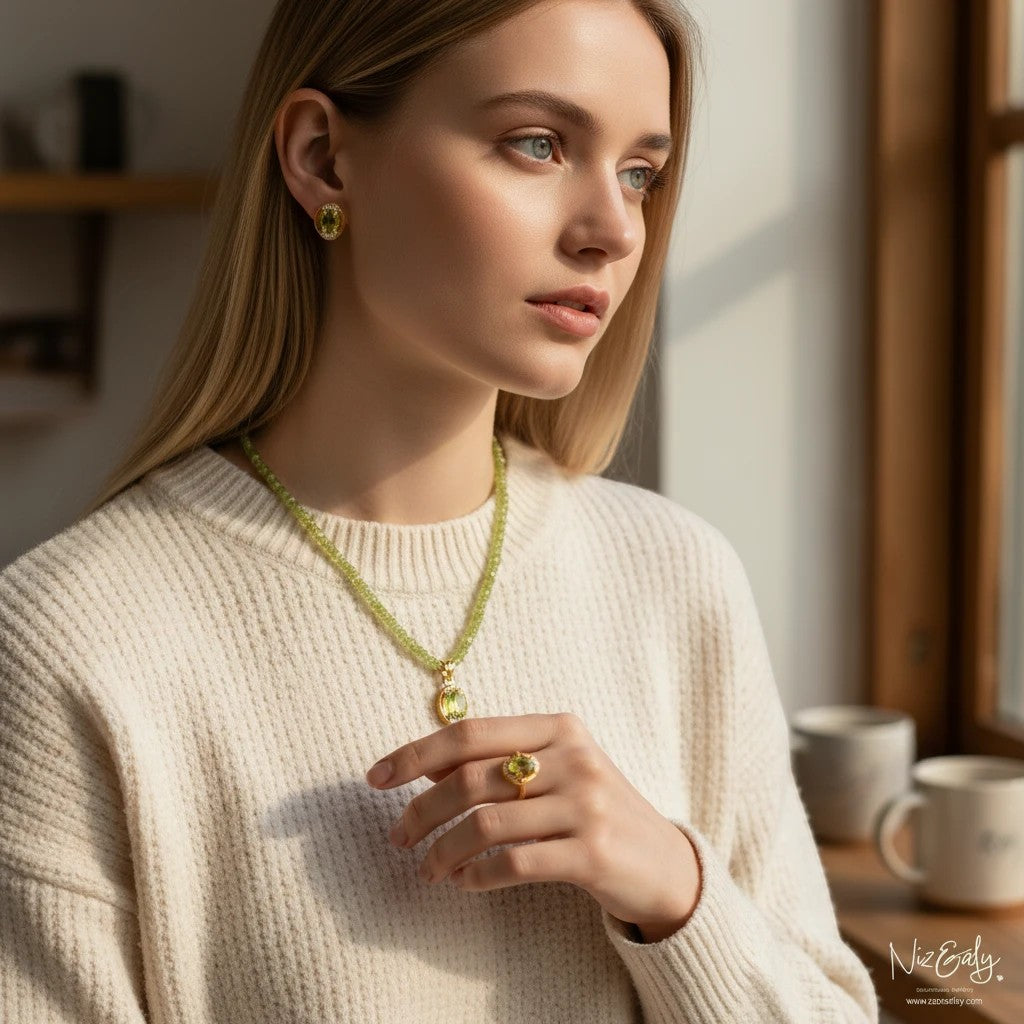 Niz & Aly oval Arizona peridot pendant set with gold-plated sterling silver necklace, earrings, and ring on a model.