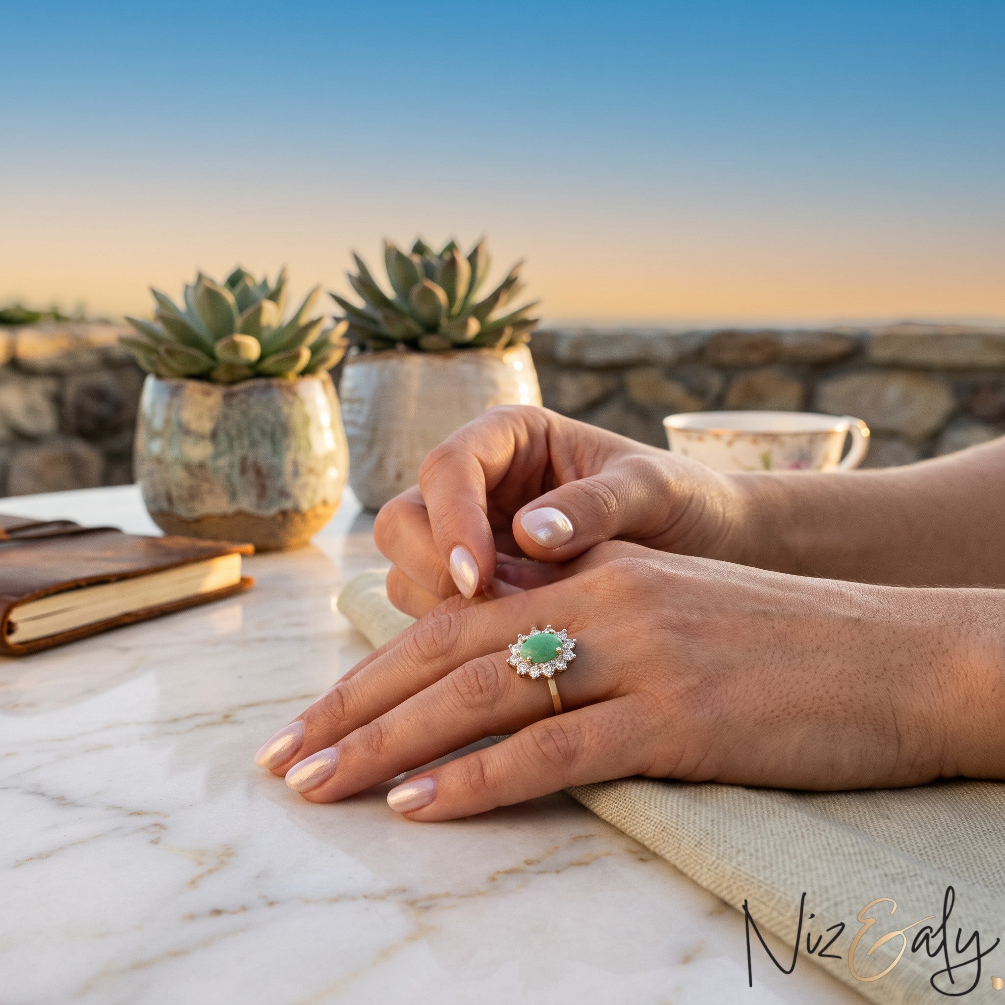 Niz & Aly oval Persian turquoise rings with diamond halo settings on a woman's hand at an outdoor table.
