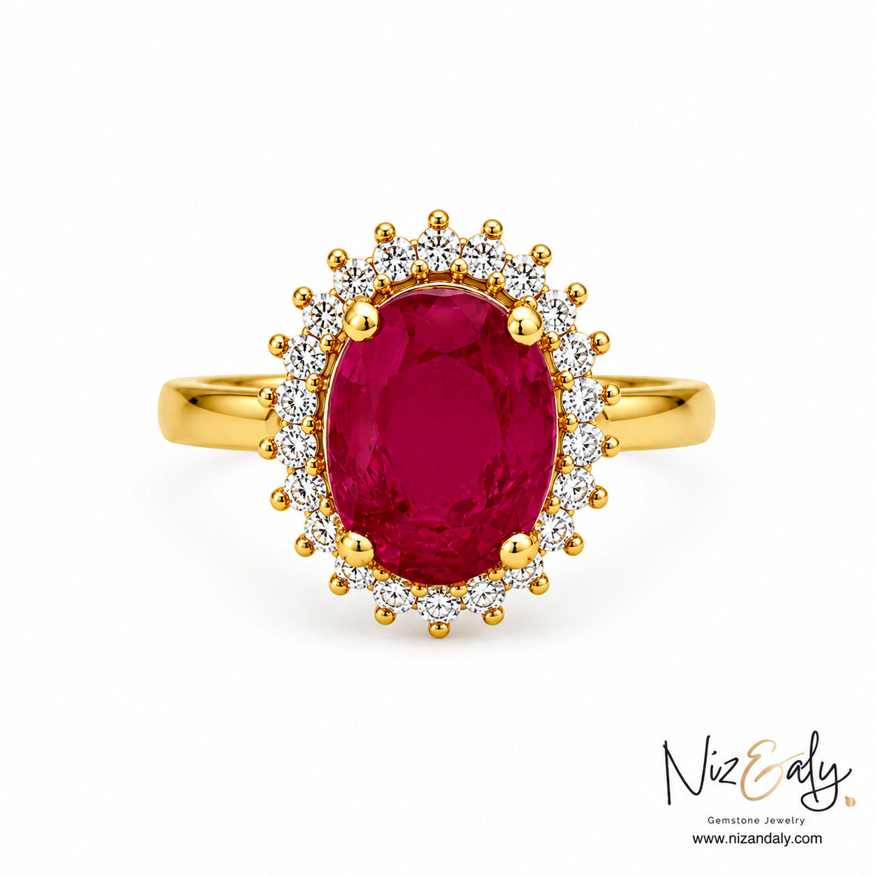 Niz & Aly oval natural ruby ring with a diamond halo set in polished yellow gold for a classic elegant look