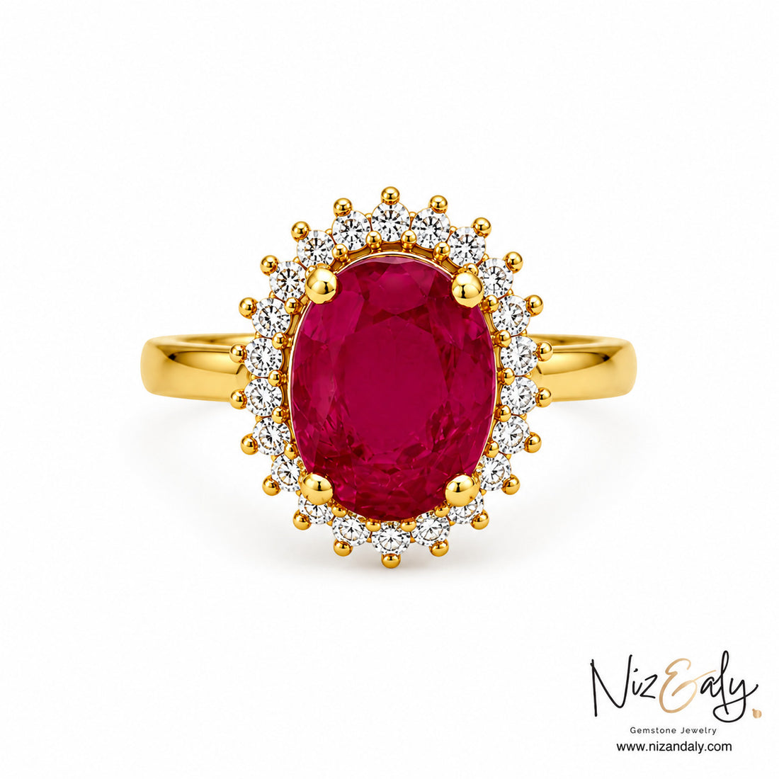 Niz & Aly oval natural ruby ring with a diamond halo set in polished yellow gold for a classic elegant look