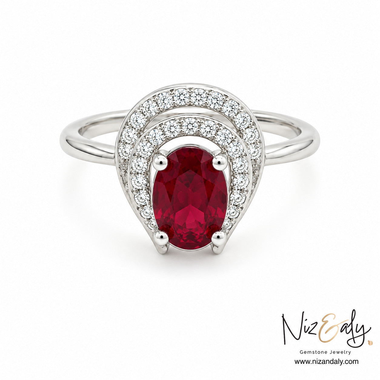 Niz & Aly oval ruby ring with a diamond halo set in polished white gold or silver band