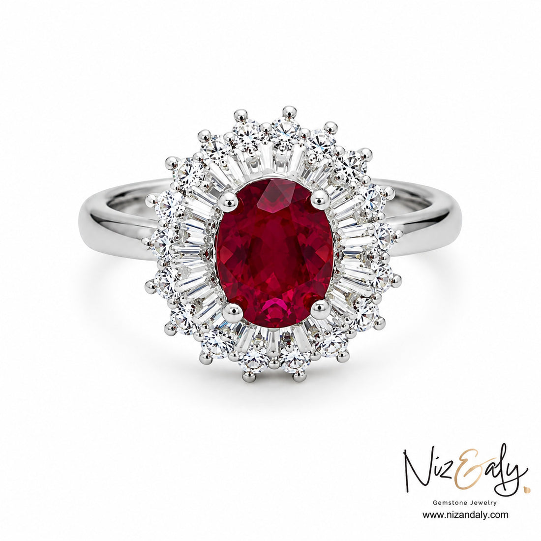 Niz & Aly oval ruby ring surrounded by a halo of baguette and round diamonds set in polished white gold