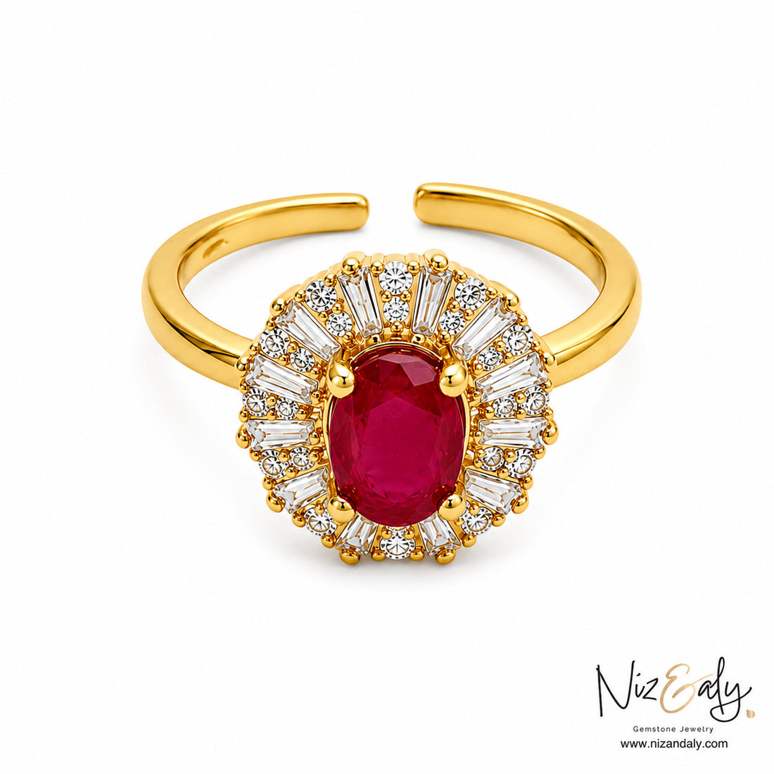Niz & Aly oval ruby ring with a halo of baguette and round diamonds set in polished yellow gold