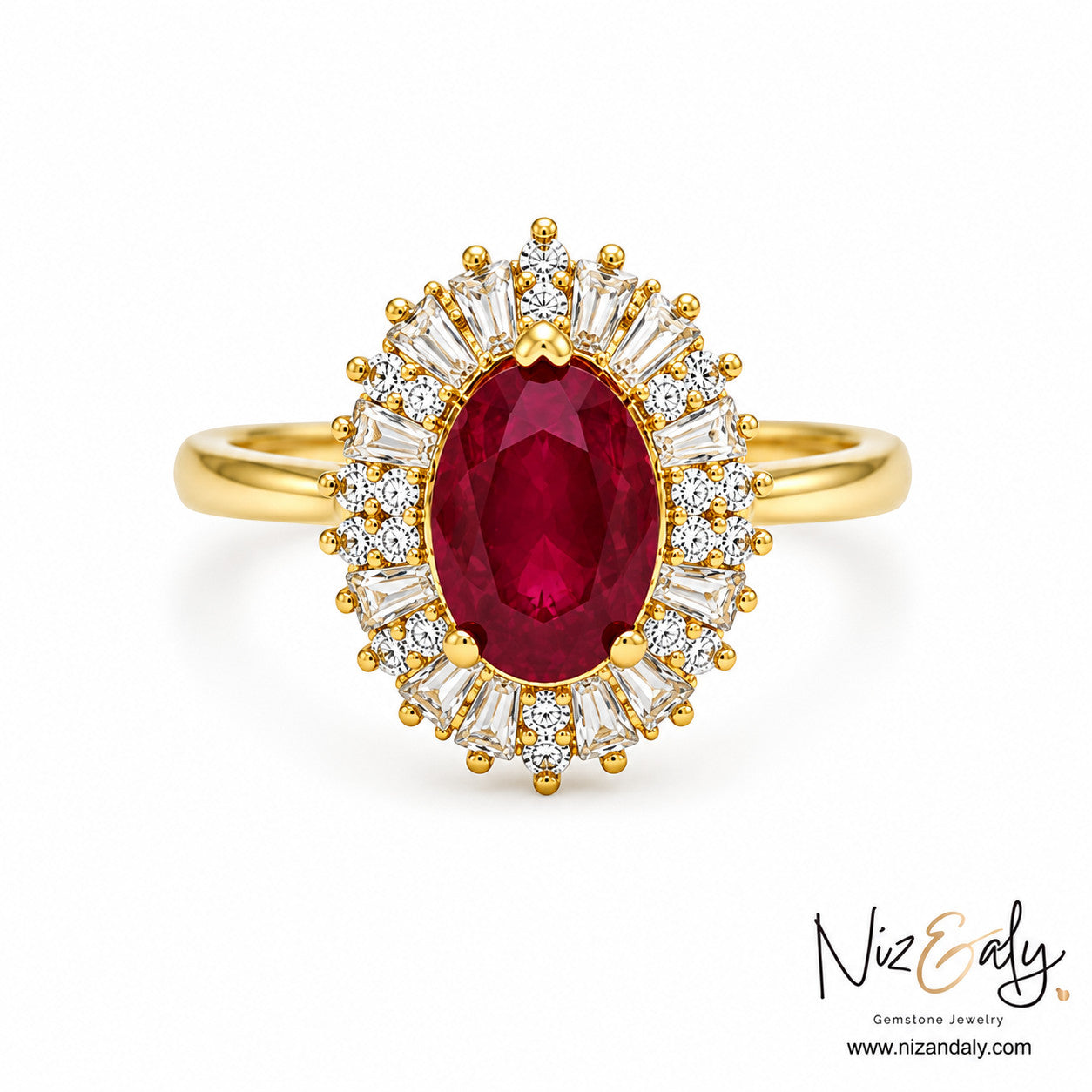 Niz & Aly oval ruby ring with a halo of baguette and round diamonds set in polished yellow gold