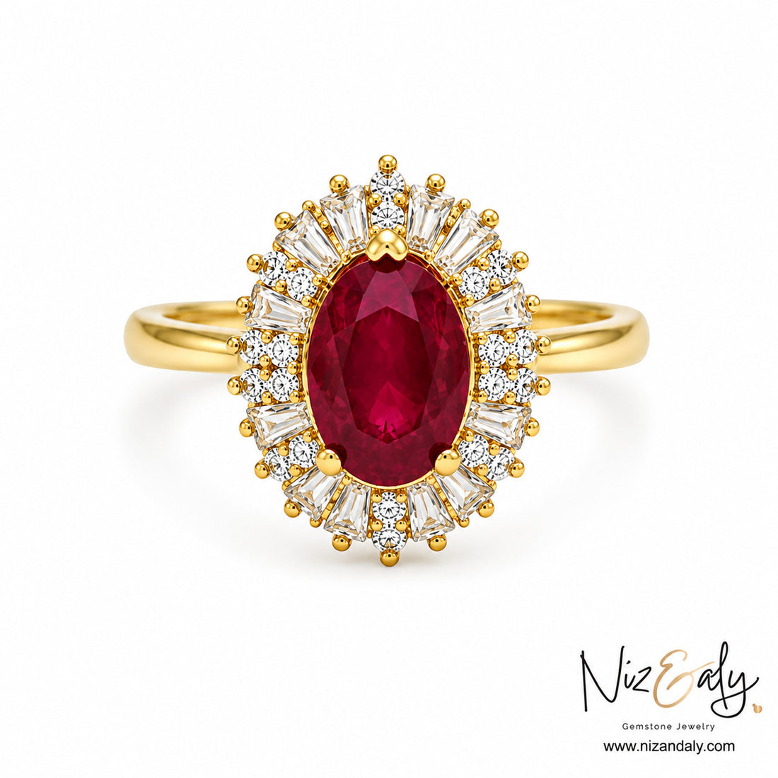 Niz & Aly oval ruby ring with a halo of baguette and round diamonds set in polished yellow gold