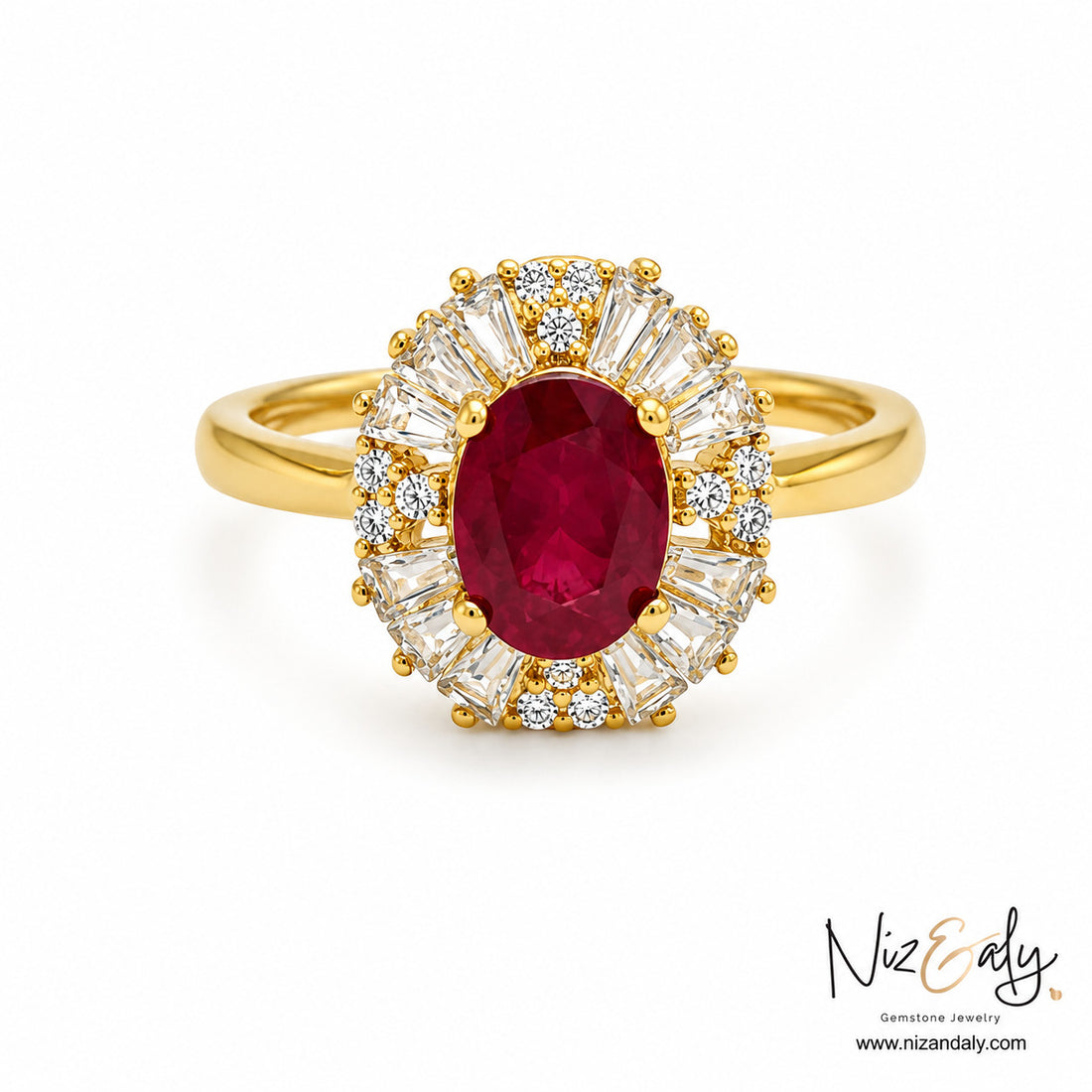 Niz & Aly oval ruby ring featuring a halo of baguette and round diamonds set in polished yellow gold.