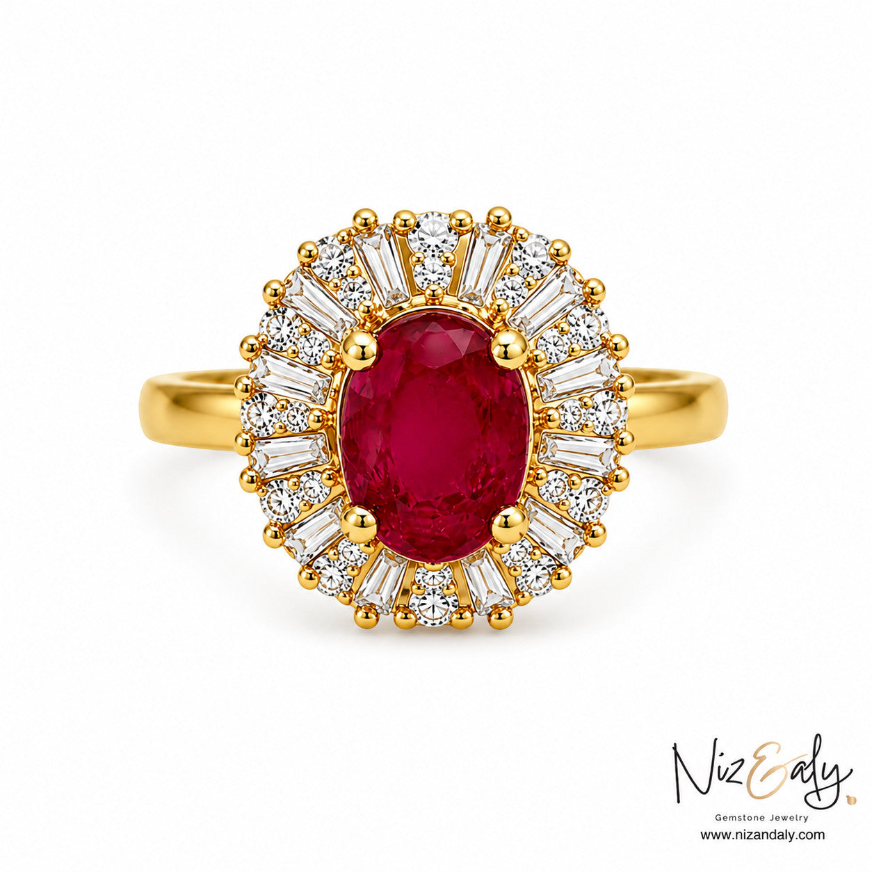 Niz & Aly oval ruby ring in gold with a halo of baguette and round diamonds on a white background