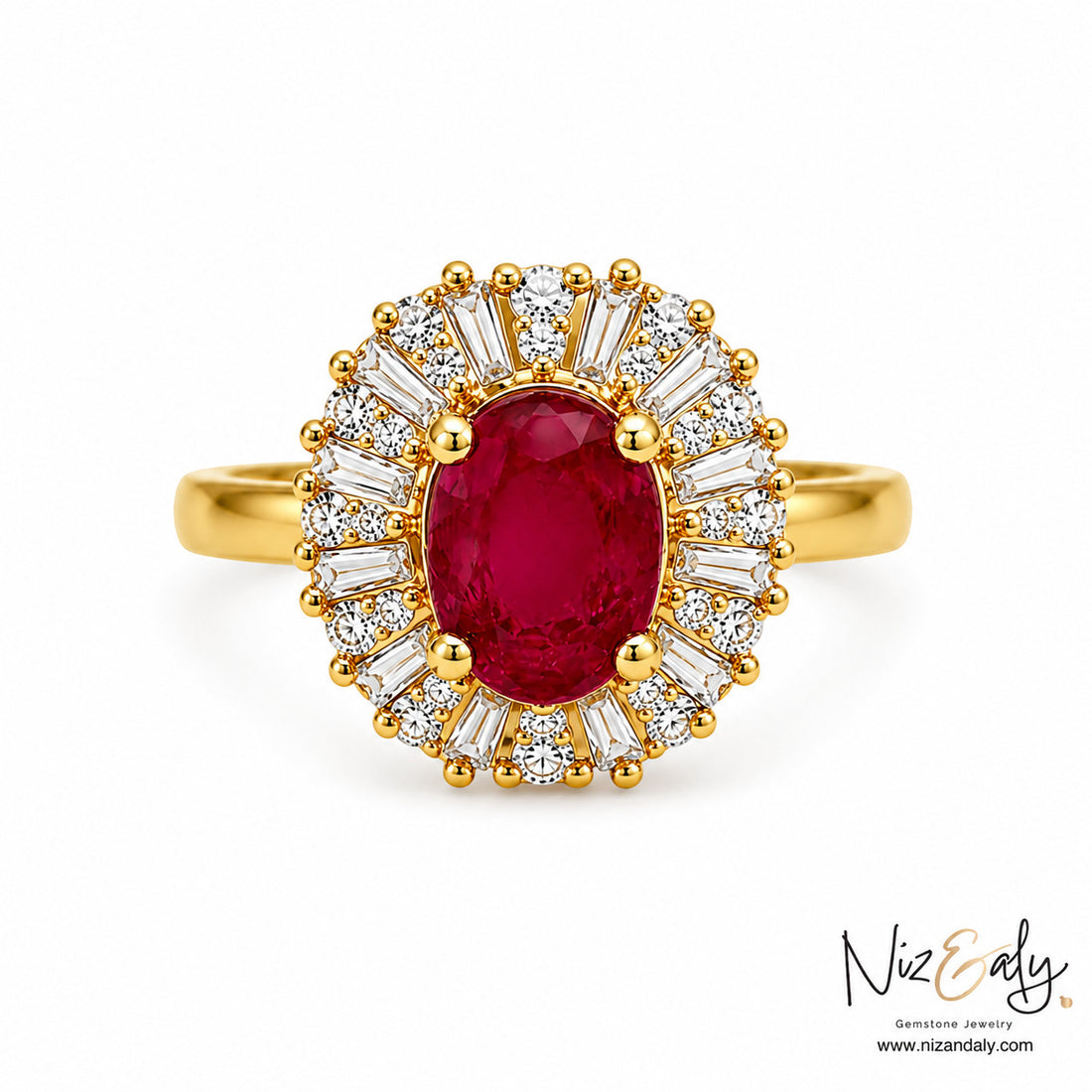 Niz & Aly oval ruby ring in gold with a halo of baguette and round diamonds on a white background