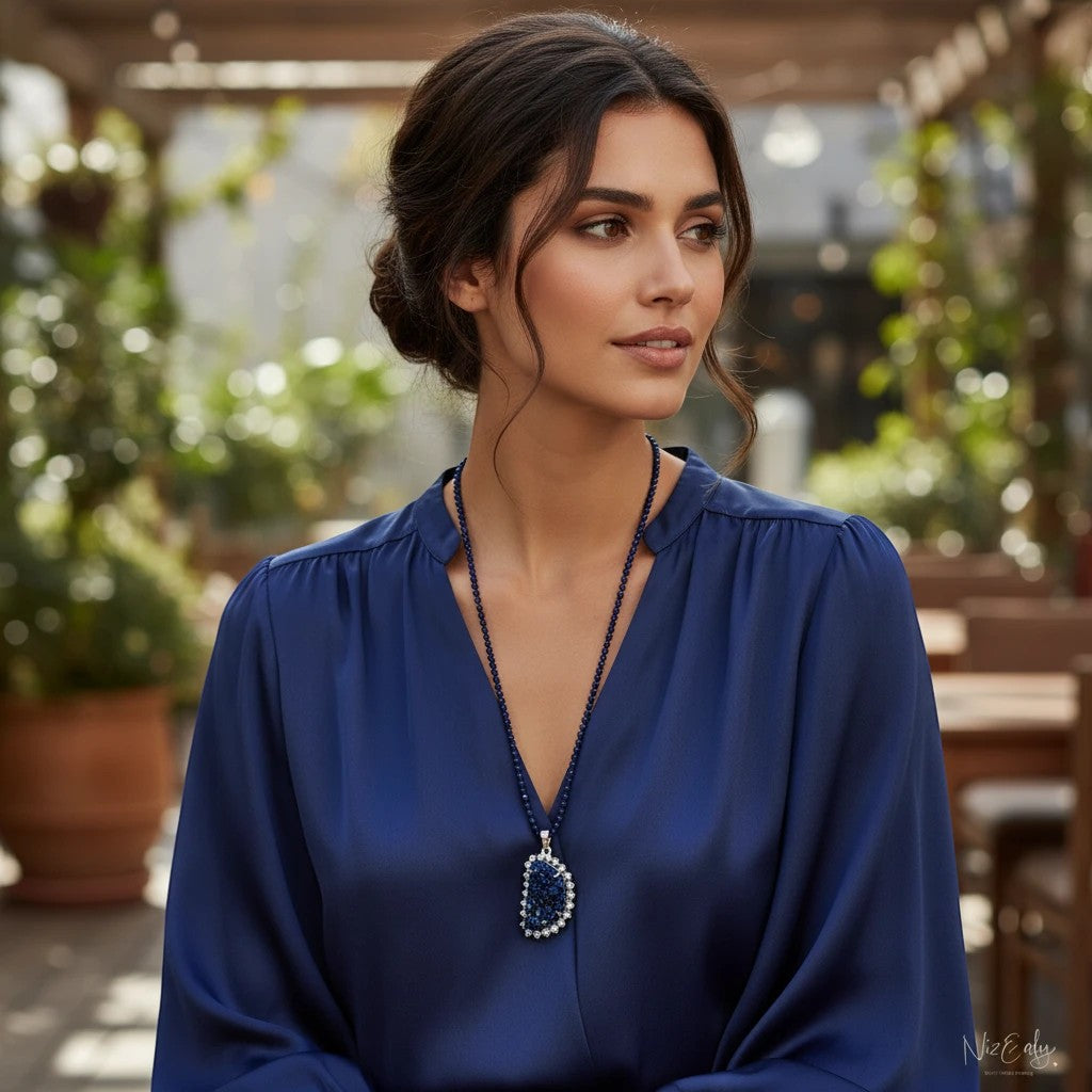 Niz & Aly peacock ore bornite pendant necklace on faceted blue lapis lazuli beads worn by a woman in a blue blouse.