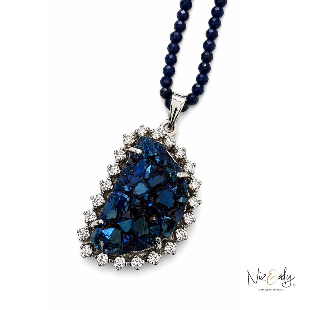 Niz & Aly peacock ore bornite pendant necklace with faceted blue lapis lazuli beads and a sparkling crystal halo
