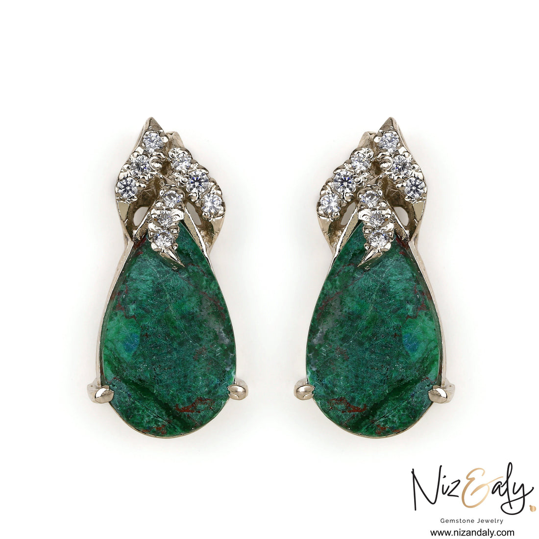 Niz & Aly pear-shaped green chrysocolla stud earrings with sparkling crystal accents set in sterling silver