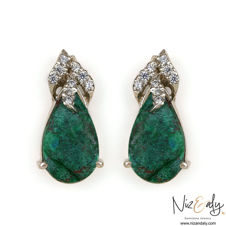 Niz & Aly pear-shaped green chrysocolla stud earrings with sparkling crystal accents set in sterling silver