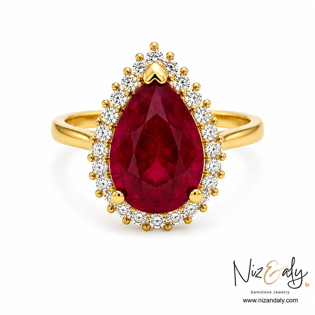 Niz & Aly pear-cut natural ruby ring with a diamond halo set in polished yellow gold