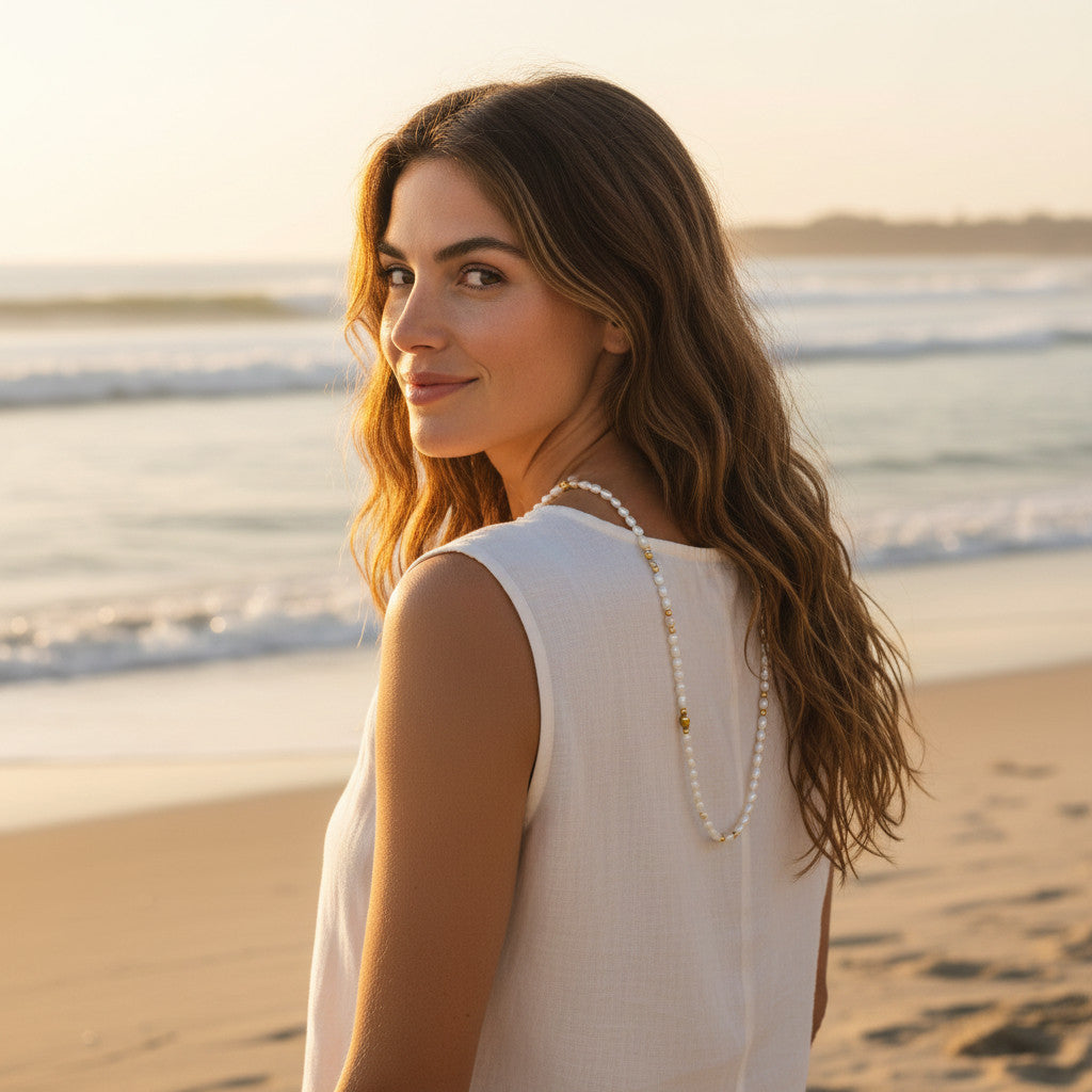 Niz & Aly Pearl Harvest necklace featuring rice-shaped freshwater pearls and 14k gold accents worn by a woman at sunset