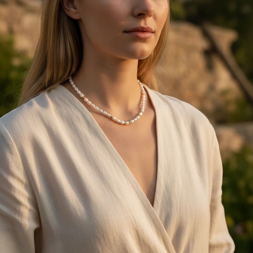 Niz & Aly Pearl Harvest necklace featuring rice-shaped freshwater pearls and 14k gold beads on a model.