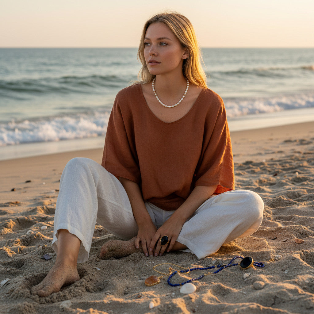 Niz & Aly Pearl Harvest necklace featuring rice-shaped ivory freshwater pearls on a woman sitting on a sandy beach.