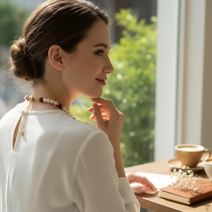 Niz & Aly Pearl Harmony necklace featuring freshwater pearls, red agate, and gold spacers worn by a woman in a cafe.