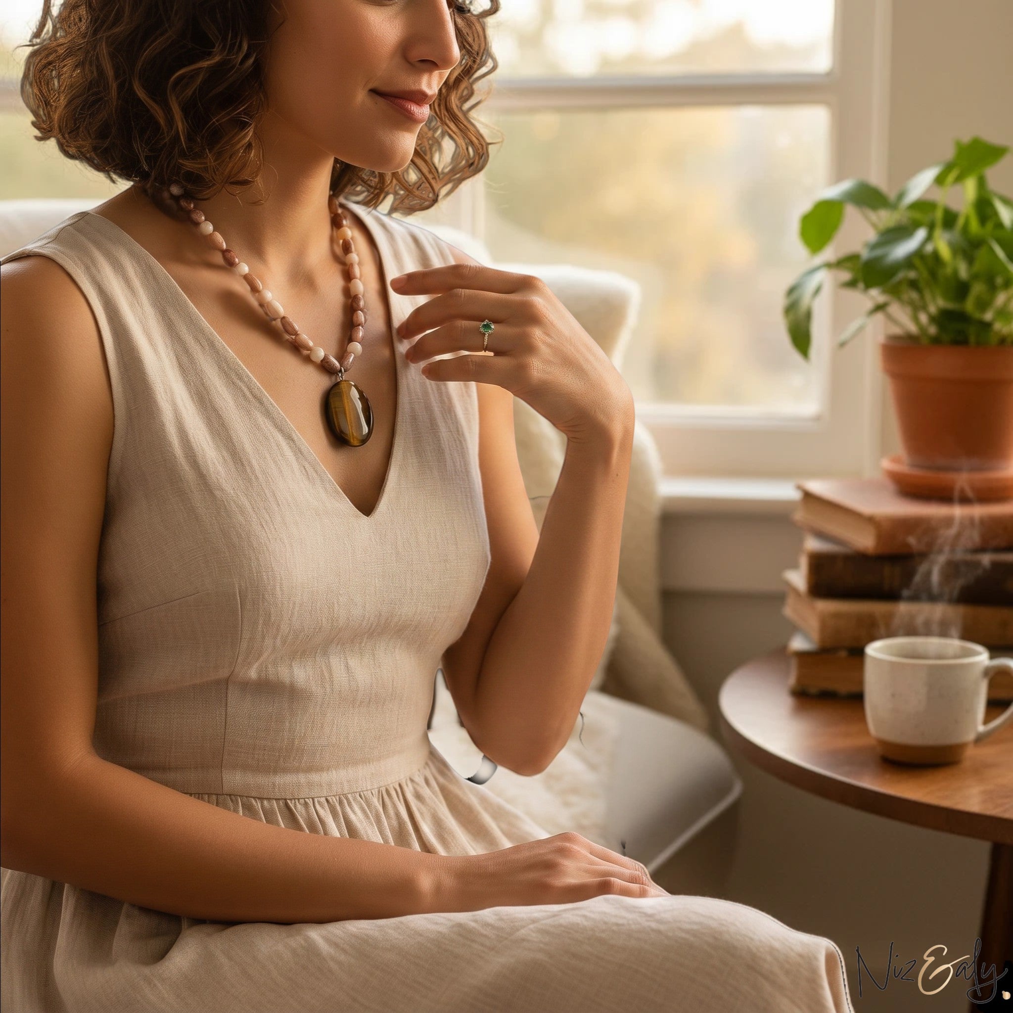 Niz & Aly freshwater colored pearl necklace with a golden-brown tiger eye pendant worn by a woman in a beige dress.