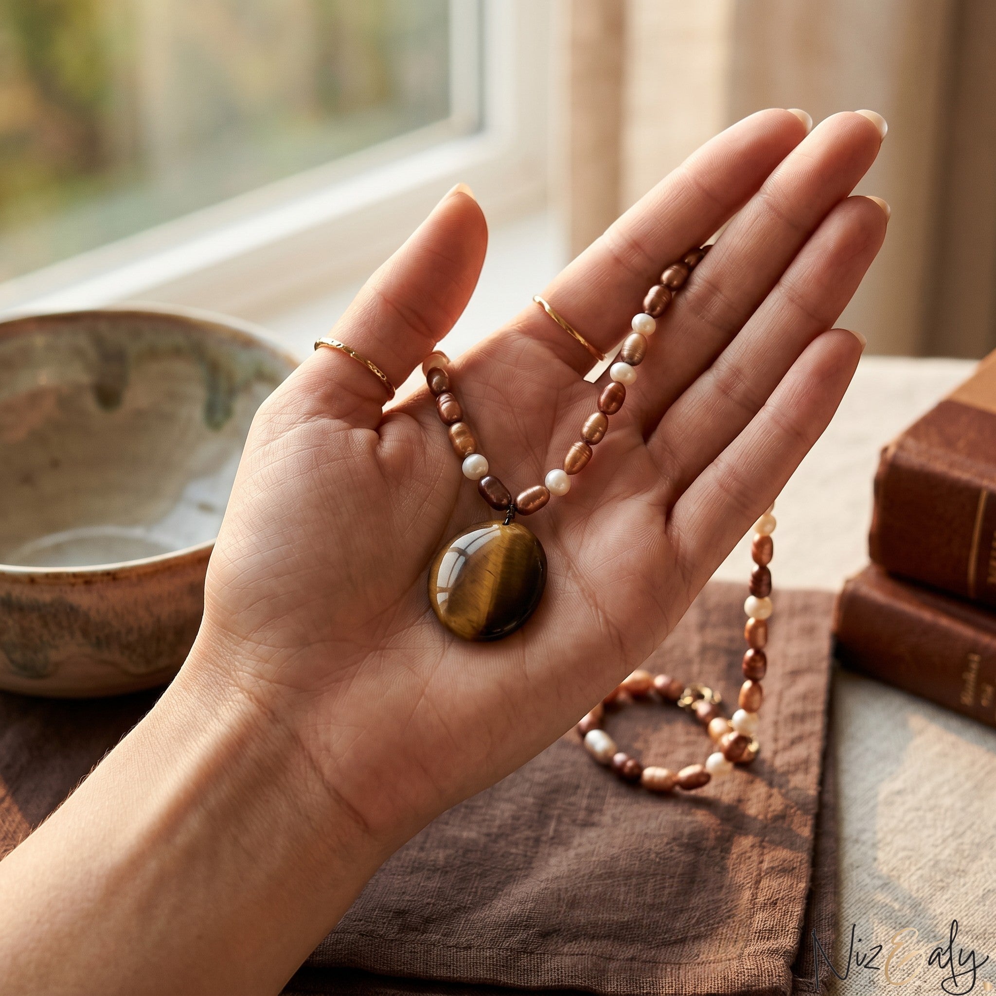 Niz & Aly necklace featuring iridescent freshwater pearls and a golden-brown tiger eye gemstone pendant held in a hand.