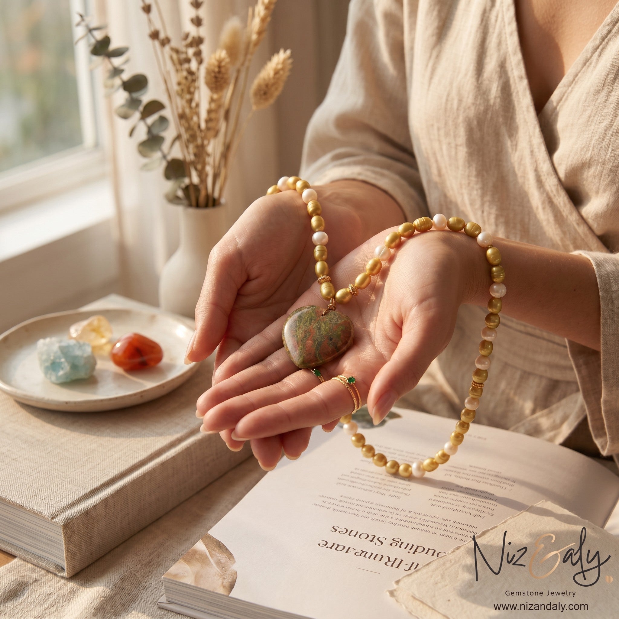 Niz & Aly cultured pearl necklace featuring a natural green and brown unakite heart pendant held in hands.