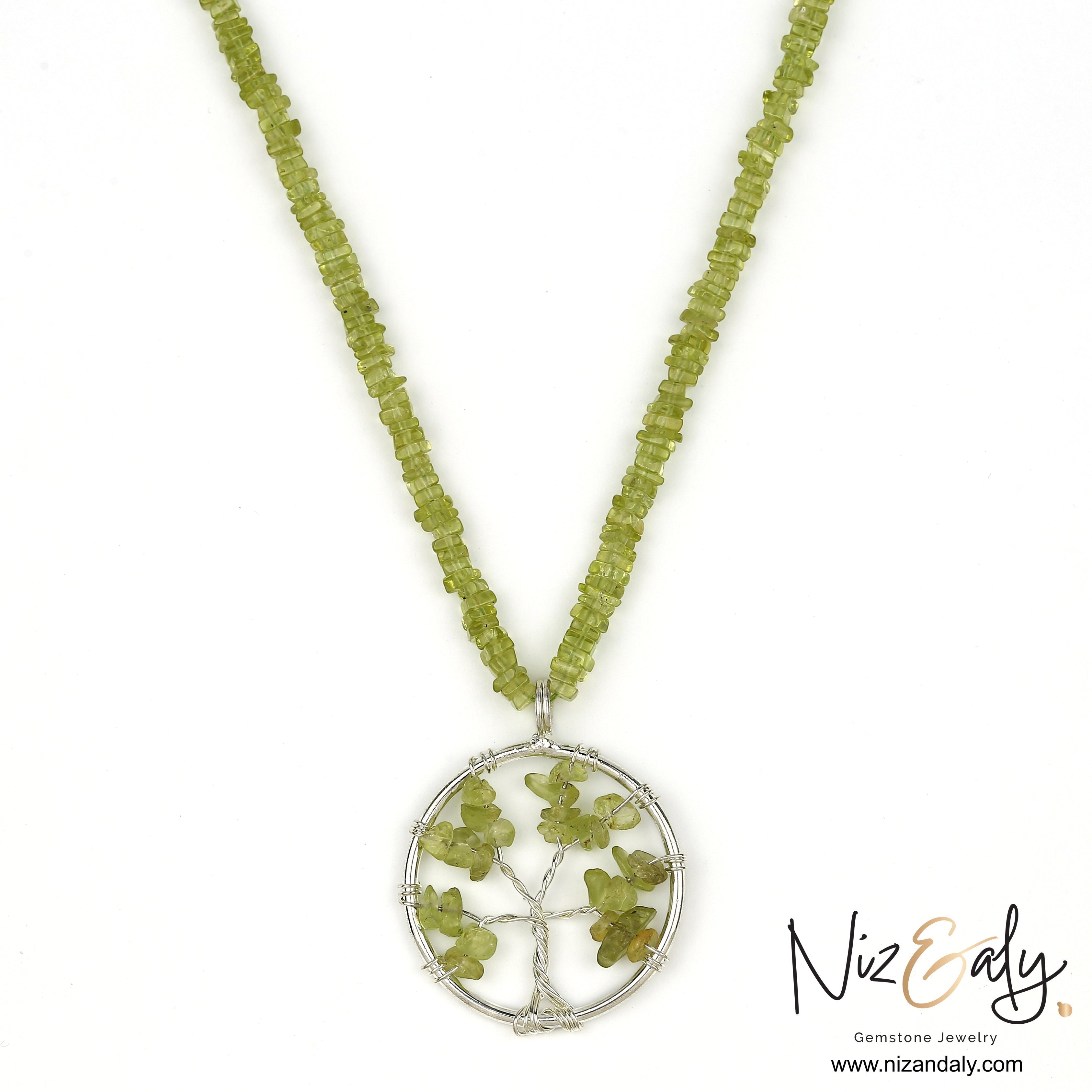 Niz & Aly peridot tree of life pendant necklace with green heishi-cut gemstone beads on a 14-inch choker chain