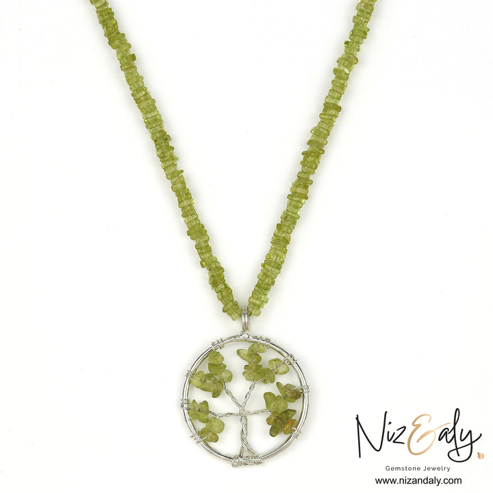 Niz & Aly peridot tree of life pendant necklace with green heishi-cut gemstone beads on a 14-inch choker chain