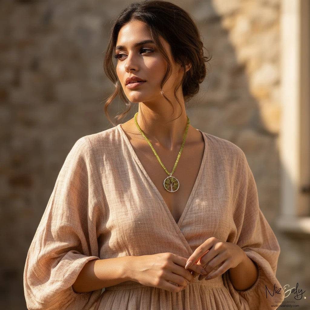Niz & Aly peridot tree pendant necklace with green heishi-cut beads worn by a woman in a beige linen dress.