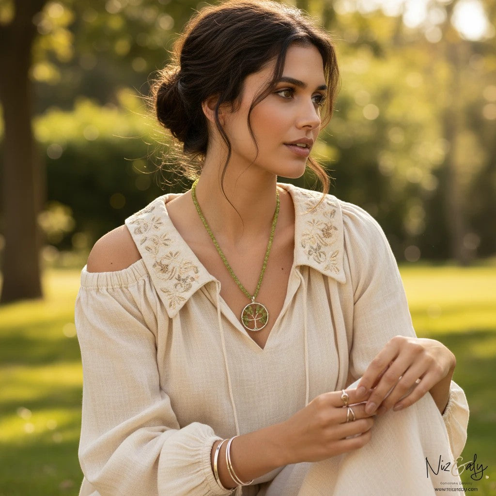 Niz & Aly peridot tree pendant necklace with green heishi-cut beads worn by a woman in a beige linen blouse outdoors.