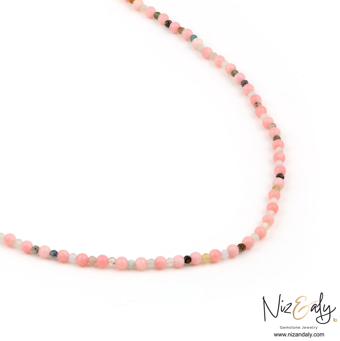 Niz & Aly dainty pink Aragonite beaded necklace featuring small pastel gemstone beads on a delicate strand