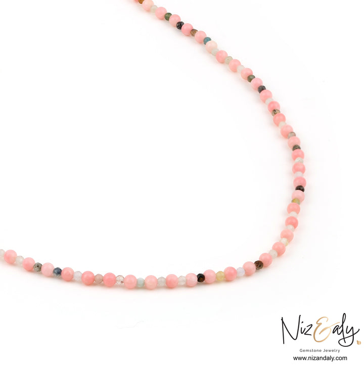 Niz & Aly dainty pink Aragonite beaded necklace featuring small pastel gemstone beads on a delicate strand