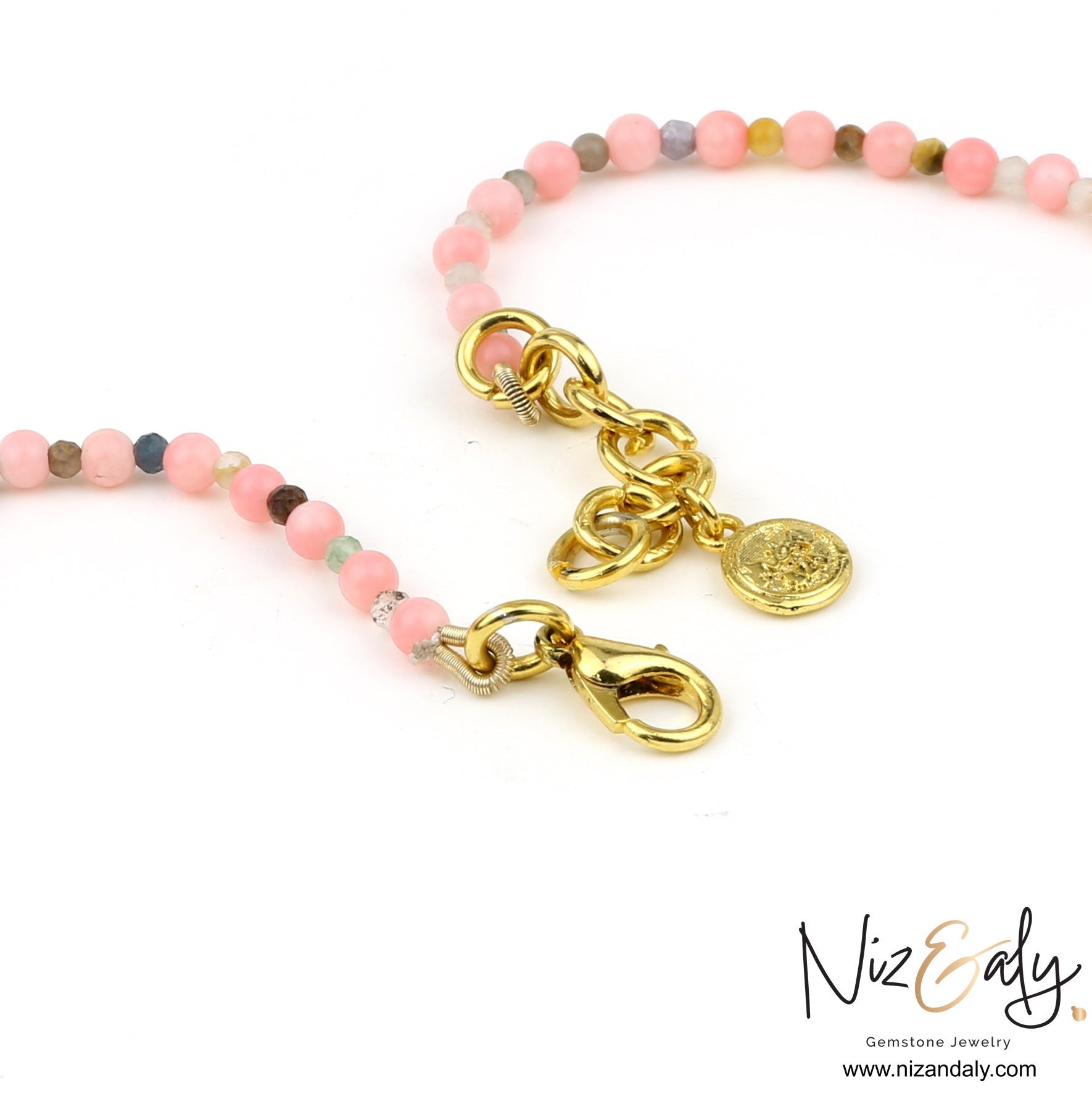 Niz & Aly dainty pink Aragonite bead necklace with gold clasp and coin charm on a white background