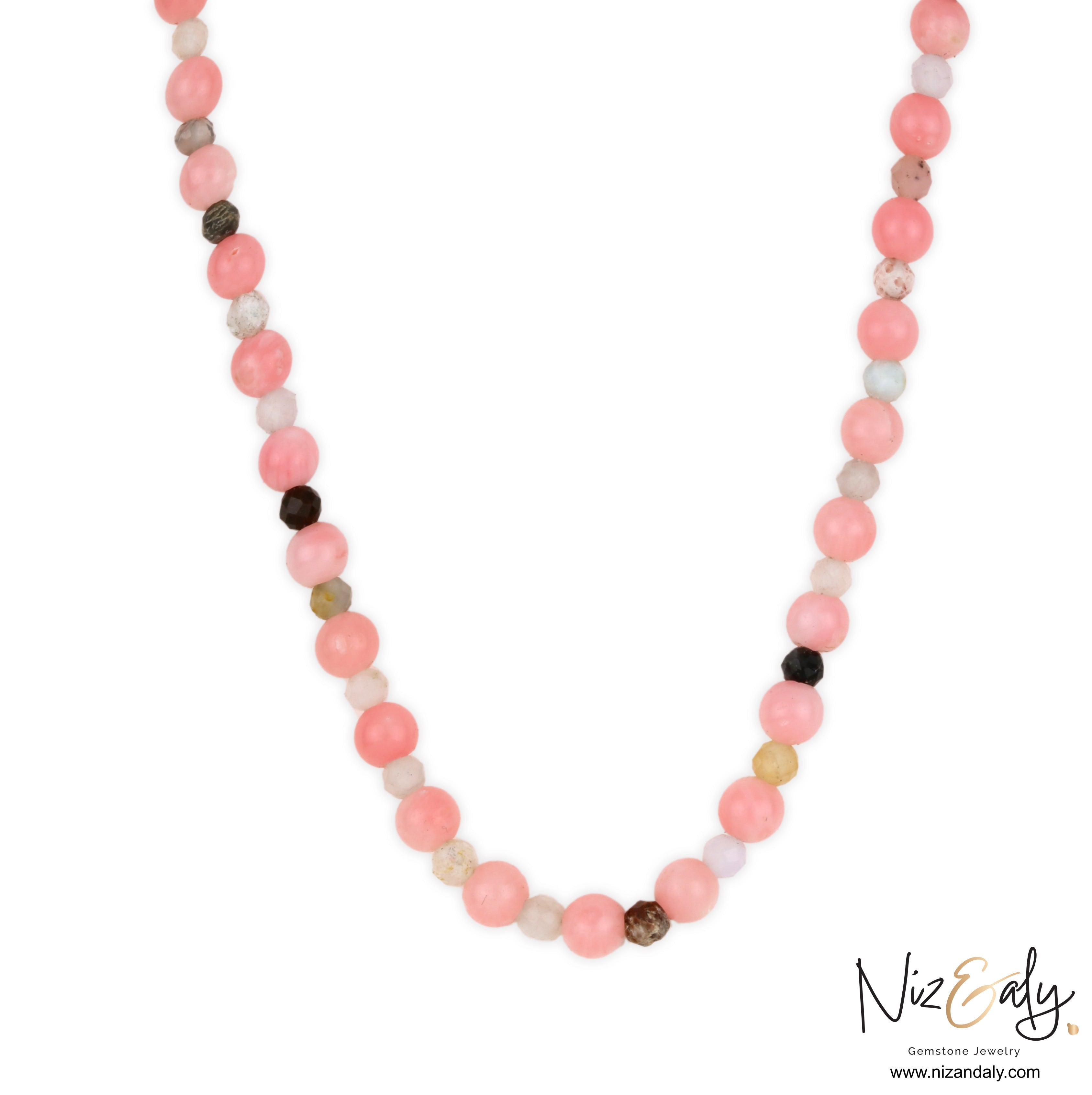 Niz & Aly dainty pink Aragonite beaded necklace featuring soft pastel gemstone beads with subtle natural variations.