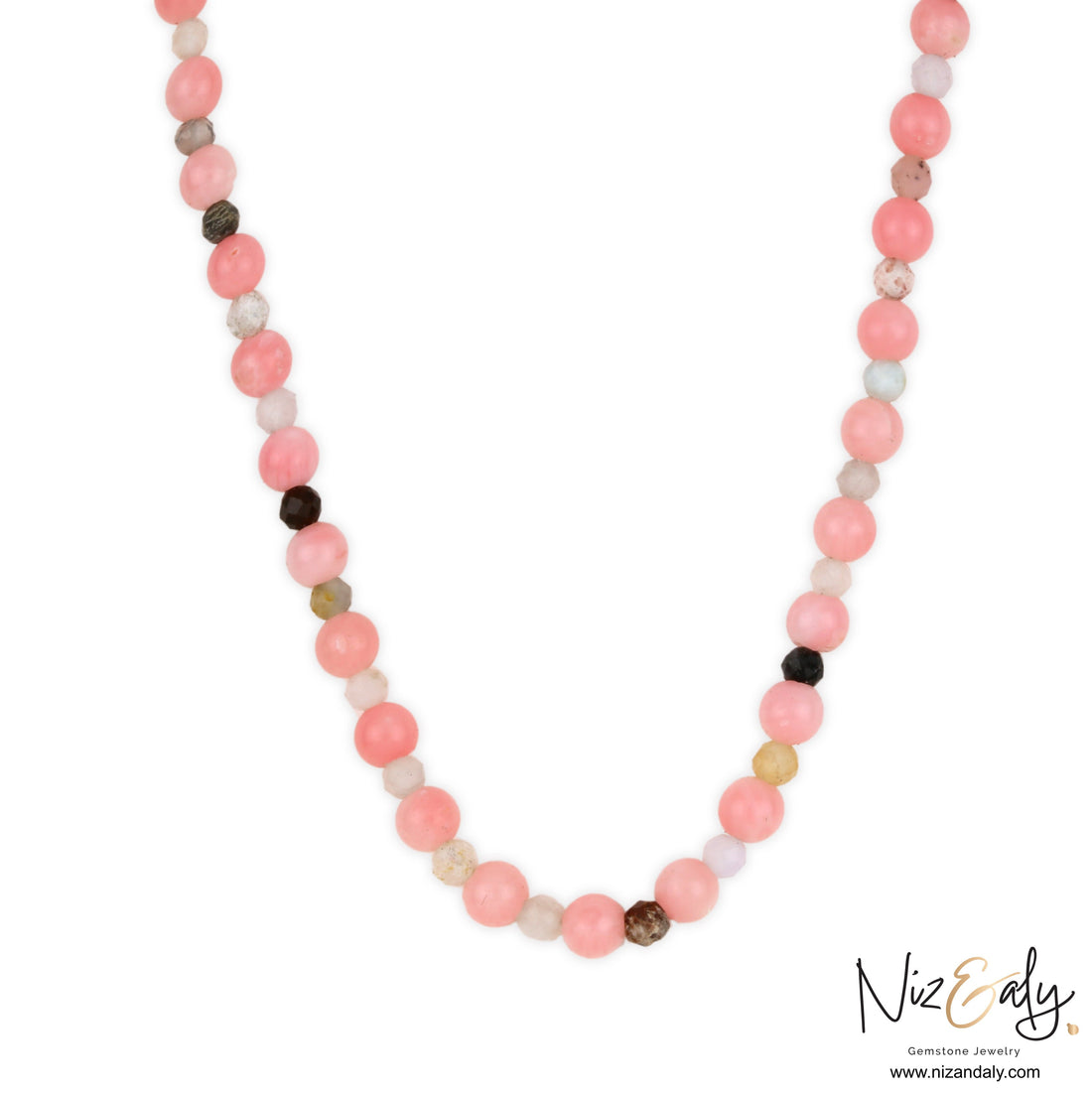 Niz & Aly dainty pink Aragonite beaded necklace featuring soft pastel gemstone beads with subtle natural variations.