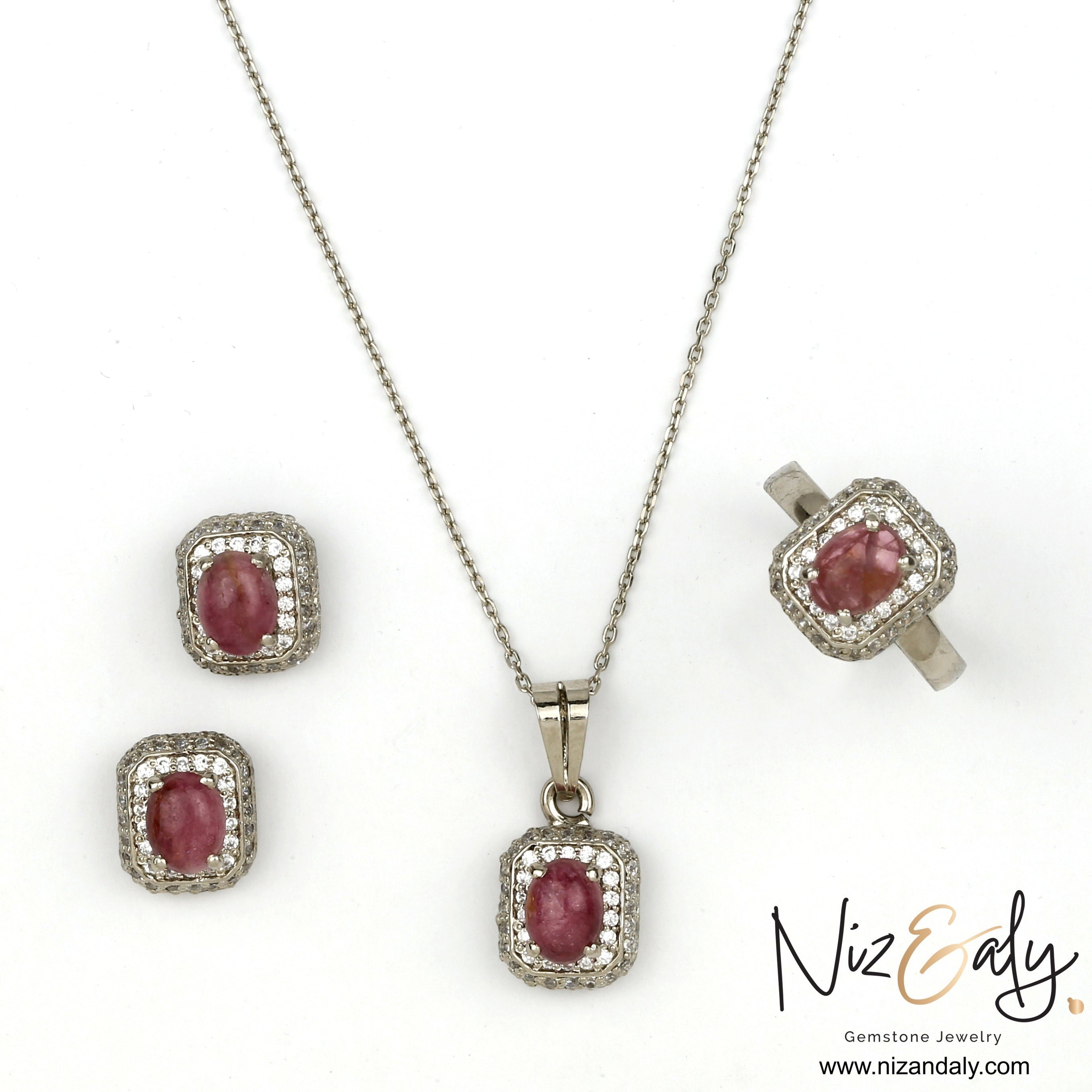 Niz & Aly square pink tourmaline pendant, ring, and earring set with sparkling stone halos on silver-tone metal.