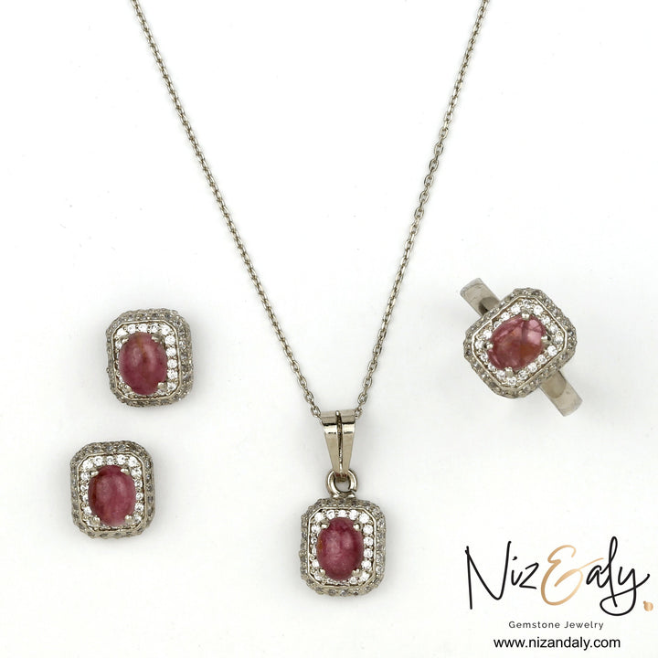 Niz & Aly square pink tourmaline pendant, ring, and earring set with sparkling stone halos on silver-tone metal.
