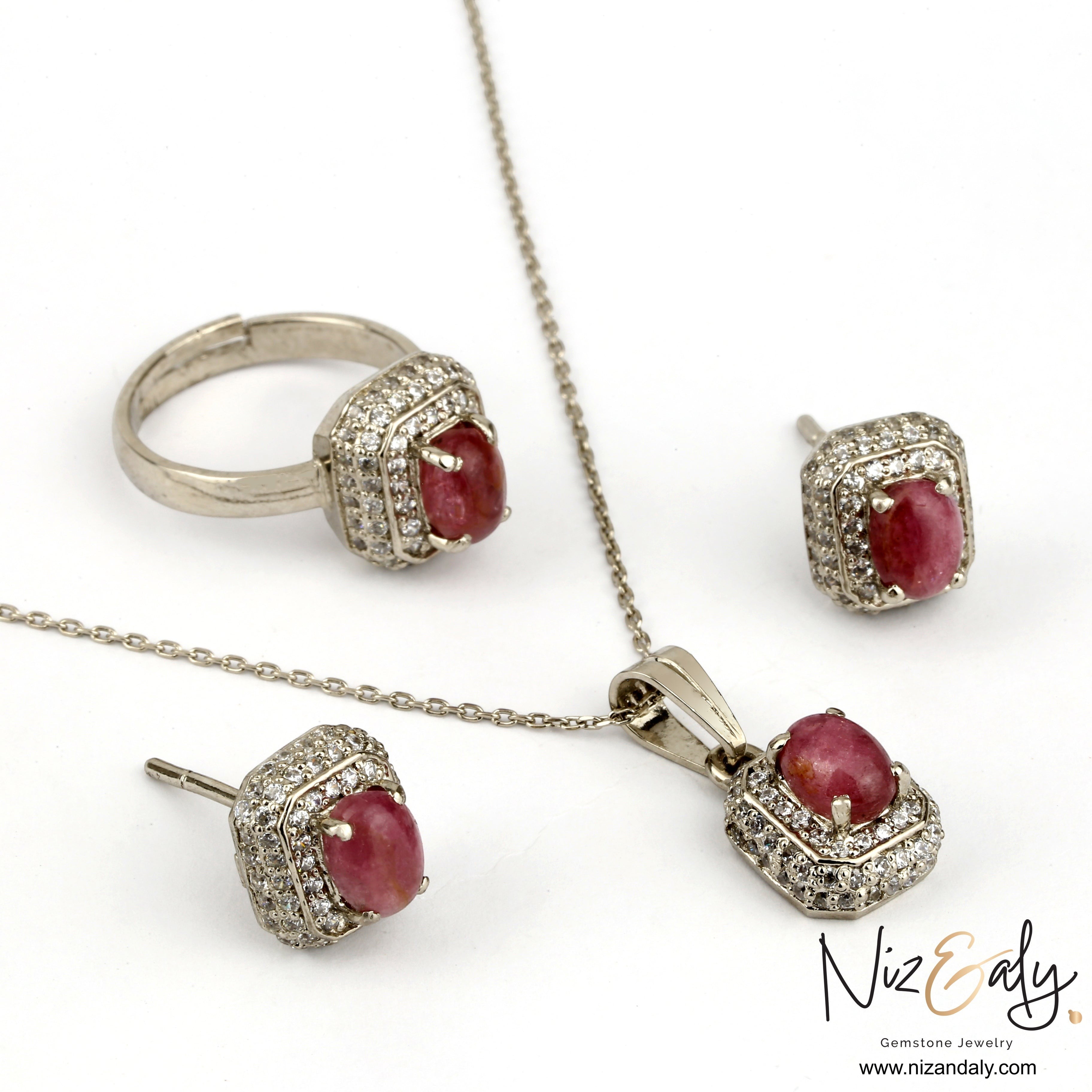 Niz & Aly pink tourmaline square pendant set with matching ring and earrings in a silver setting with crystal accents.