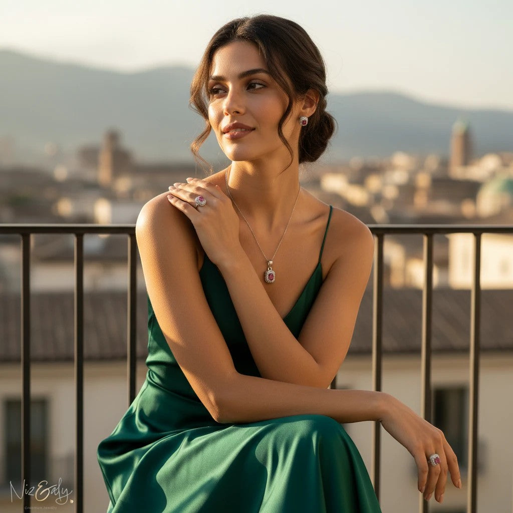 Niz & Aly square pink tourmaline pendant necklace and matching earrings worn by a woman in a green silk dress